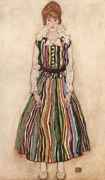 Portrait of Edith Schiele in a striped dress by Schiele